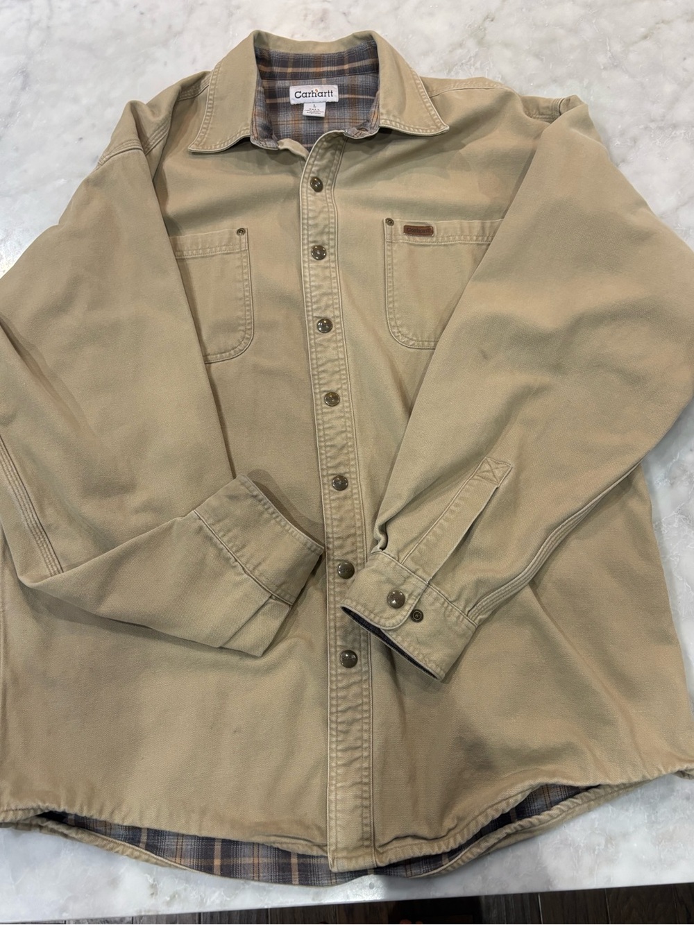 Carhartt Men's Large Tall Tan Canvas Work Coat with Plaid Lining
